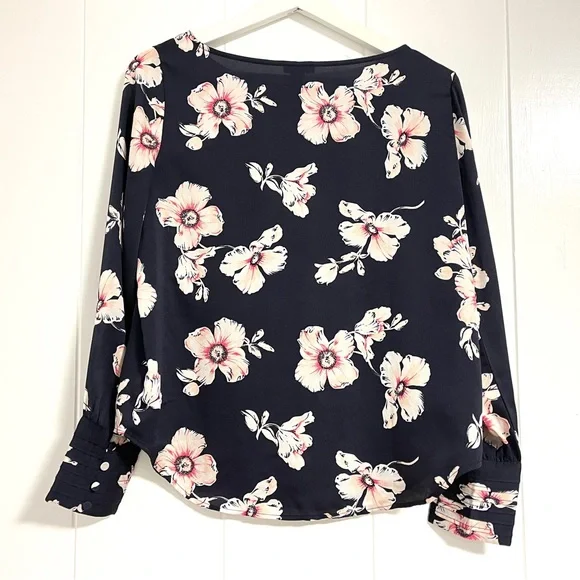 Ann Taylor Navy Floral Long Sleeve Blouse - Picture 2 of 4